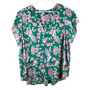 Torrid V-Neck Blouse Tunic Green Pink Floral 5 Spring